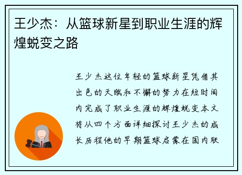 王少杰：从篮球新星到职业生涯的辉煌蜕变之路